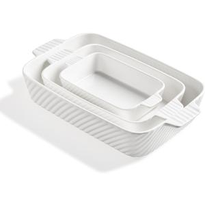 Sweejar Ceramic Baking Dish Set, Cake Baking Dish for Brownie, Porcelain Striped Casserole Dishes for Oven with Handle for Lasagna, Family Dinner(White)