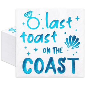 JarThenaAMCS 50 Pcs Last Toast on the Coast Cocktail Napkins Bachelorette Party Supplies Foil Blue Beach Bach Coastal Beverage Disposable Paper Napkins for Summer Bride Bachelorette Party Decorations