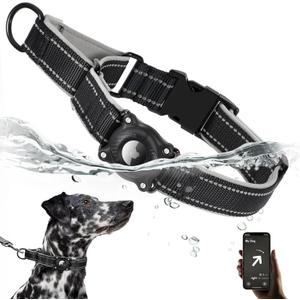 Airtag Dog Collar with Martingale Design, IP68 Waterproof Air Tag Dog Collar Holder, Adjustable Reflective Soft Padded Nylon Dog Collar for Large Medium Small Dogs, Black (L(17"-22"))