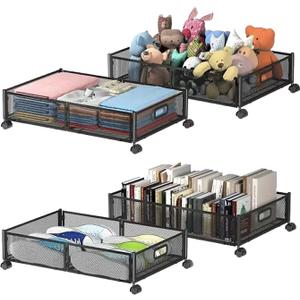 Foldable Bedroom Storage Organization with Handles - Under Bed Storage Containers with Wheels - Bins Drawer for Clothes, Blankets and Shoes (4 PACK, BLACK)