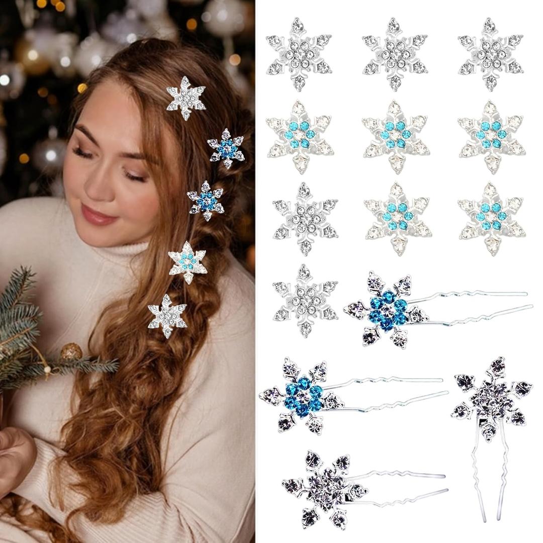 14Pcs Christmas Snowflake Hair Clips Rhinestone Blue White Decorative Bridal U-Shape Hair Pins Hair Accessories for Women Winter Holiday Wedding Party Xmas Hair Barrettes