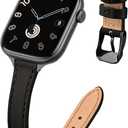 STIROLL Slim Leather Bands Compatible with Apple Watch Band 38mm 40mm 41mm 42mm(Series 11 10), Top Grain Leather Watch Thin Wristband for iWatch Ultra SE Series 9 8 7 6 5 4 3 2 1 (Black)