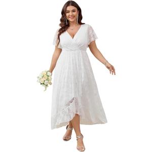 SCOMCHIC Womens Plus Size Wedding Guest Dress Formal Lace Wrap V Neck High Low Short Sleeve Cocktail Maxi Dresses (White, XXL)