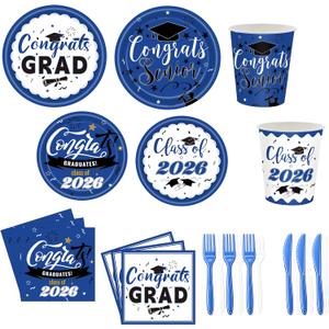 144pcs Blue Graduation Party Supplies for 24, Blue Graduation Decorations 2026 with 9 Inch Graduation Plates, 7 Inch Dessert Plates, Napkins, Paper Cups, Forks and Knives