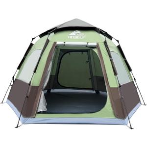 Hewolf 2/3/4 Person Camping Tent - Instant Pop Up Waterproof 2 Doors Tent with Easy Setup | 3-Season Hexagonal Dome Design for Family, Hiking & Traveling