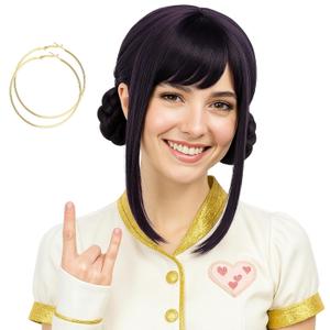 morvally Short Black Purple Wig with 2 Buns for Women Anime Cosplay Synthetic Hair Wigs for Halloween Costume Party (Black Purple, Adults)