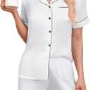 KCW Silk Pajamas for Women 2 Piece Satin Lounge Sets Short Sleeve Top and Shorts Pj Set Button Down Sleepwear Outfits White, Small
