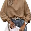 Womens Tops Dressy Casual Long Sleeve Shirts Loose V Neck Business Work Tunic Blouses (L)