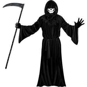 Grim Reaper Costume Set for Mens & Adults, Halloween Scary Ghost Phantom Cosplay Masquerade Tunic Robe with Scythe & Gloves & Hood for Age 14+