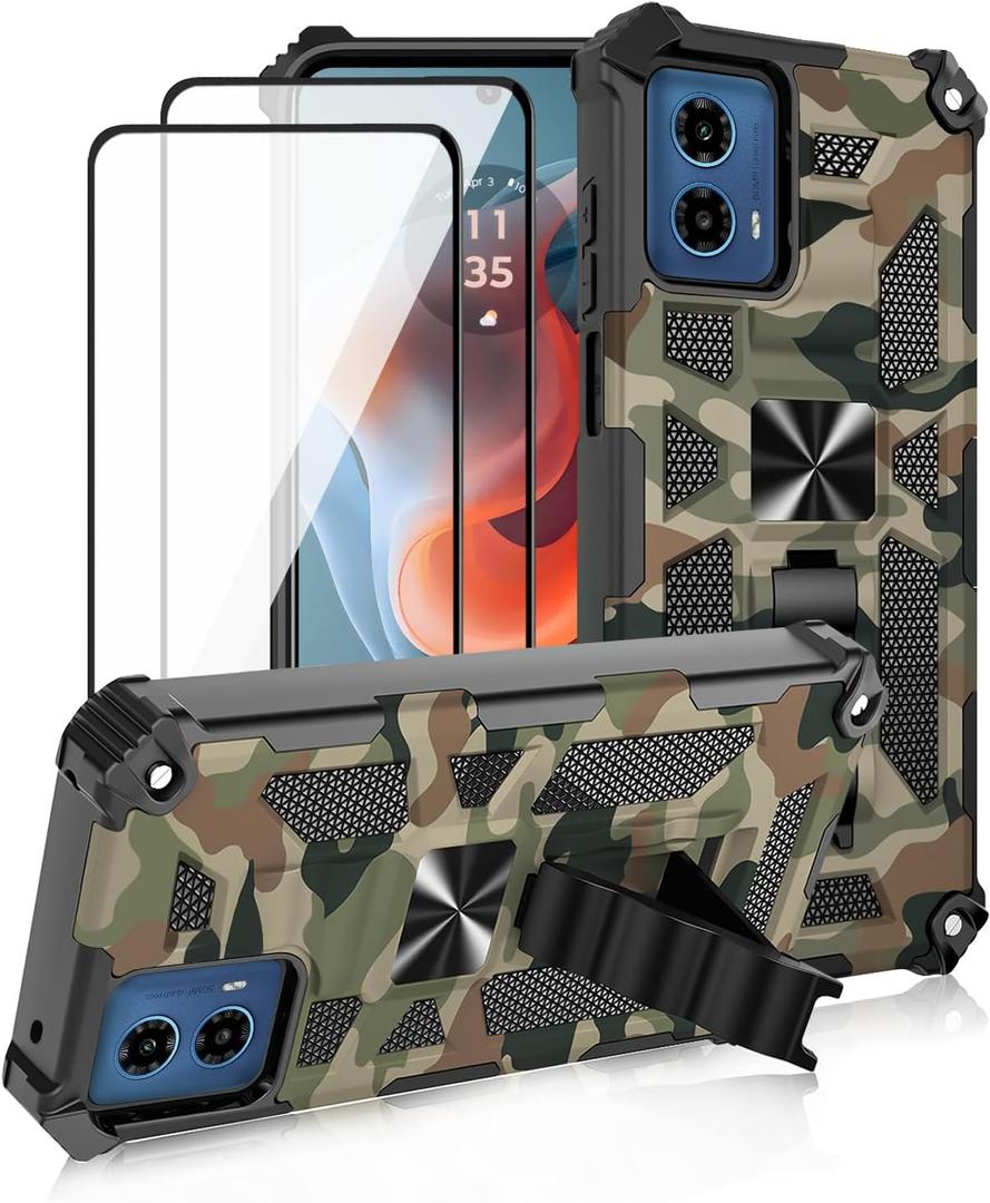 for Motorola Moto G Power 5G 2024 Case, with 2 Pack Tempered Glass Screen Protector, Military Grade, Kickstand with Magnetic Car Mount, Protective Phone Case for Moto G Power 5G 2024 Army Green