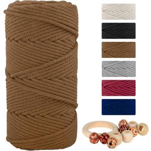 Natural Macrame Cord Cotton Rope with Wooden Beads & Rings, 6mm x109 Yards 4 Strand Twisted, Munzong Handmade Macrame Rope for Wall Hanging, DIY Craft, Knitting Plant Hanger(100m, Caramel)