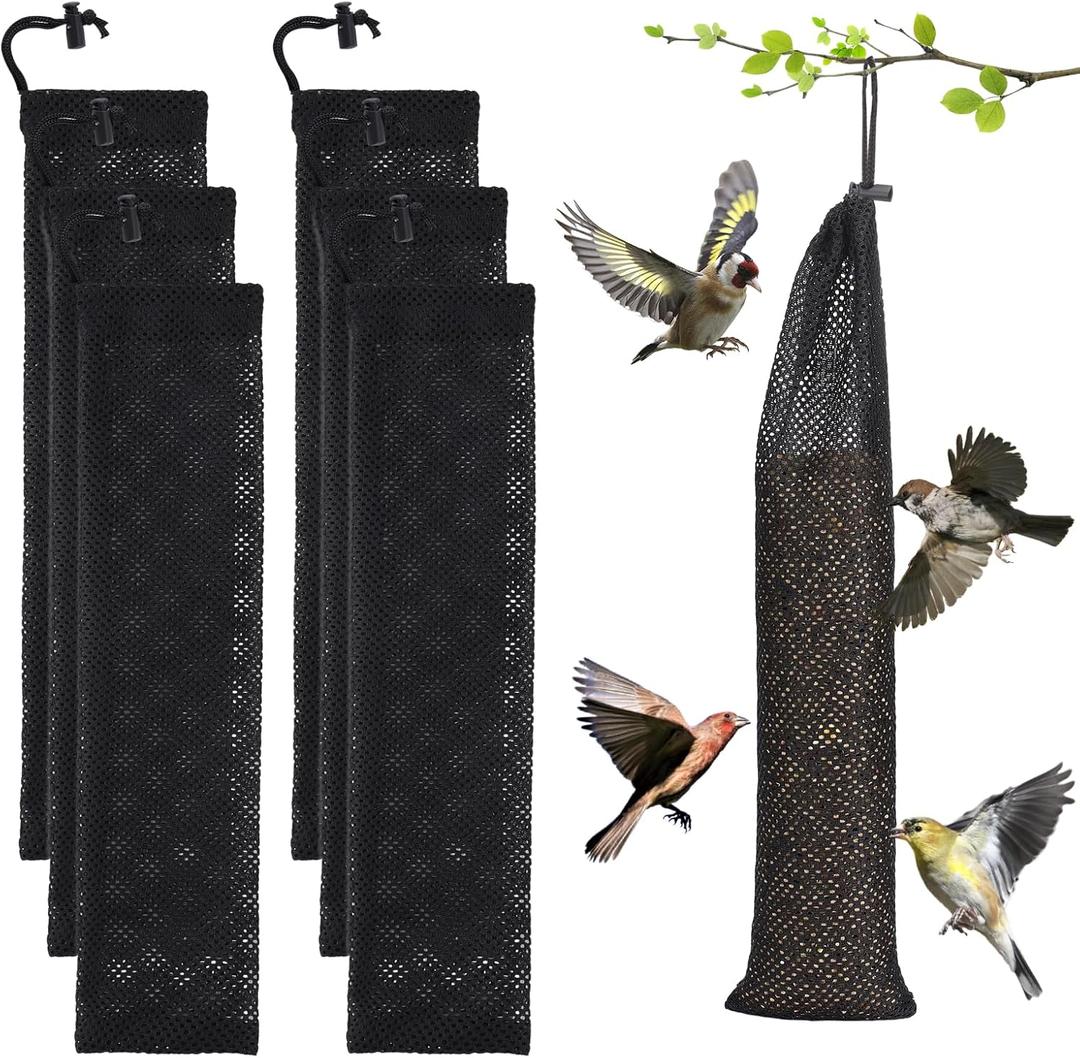 6 Pcs Finch Sock Feeder for Outdoor - Durable Thistle Seed Feeder Sacks with Foldable Silicone Funnels, Bird Food Supply Tools for Garden Yard Wild Finch Feeding (3.9" x 15.7", Black)
