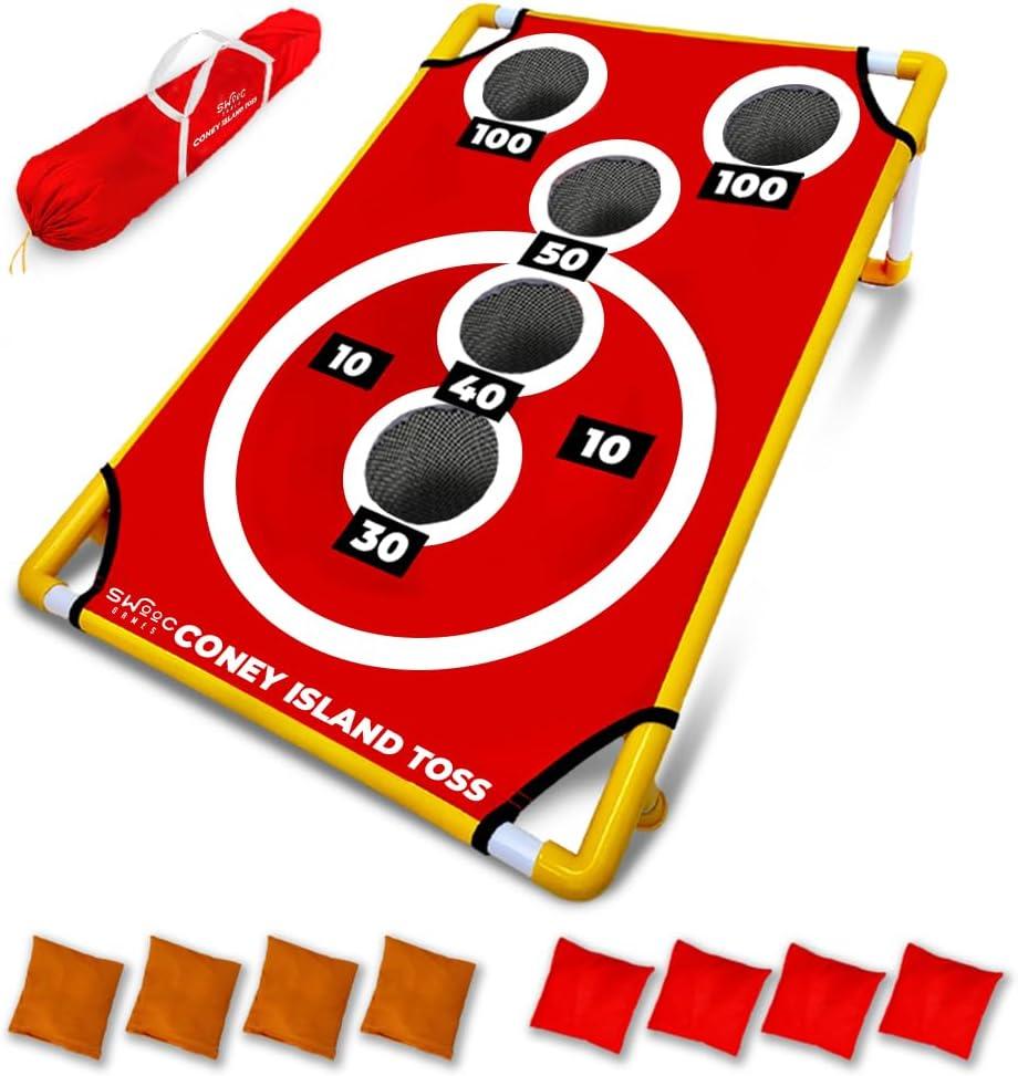 Swooc Games - Coney Island Toss - Arcade Style Cornhole Board Set w/Carrying Case & 15+ Games - Corn Hole Games for Adults - Kids Bean Bag Toss Game - Kids Cornhole Set w/Bags - Outdoor Yard Games