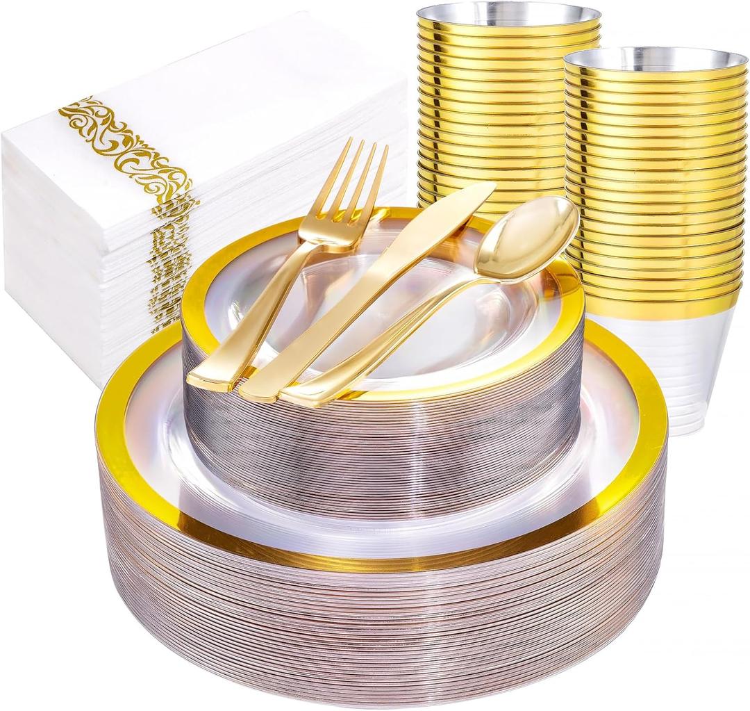 Liacere 175PCS Clear Gold Plastic Plates Clear with Gold Rim for 25 Guests Include 50 Plastic Plates 25Gold Cups 25Forks 50Knives 25Spoons 25Napkins for Party&Wedding&Thanksgiving