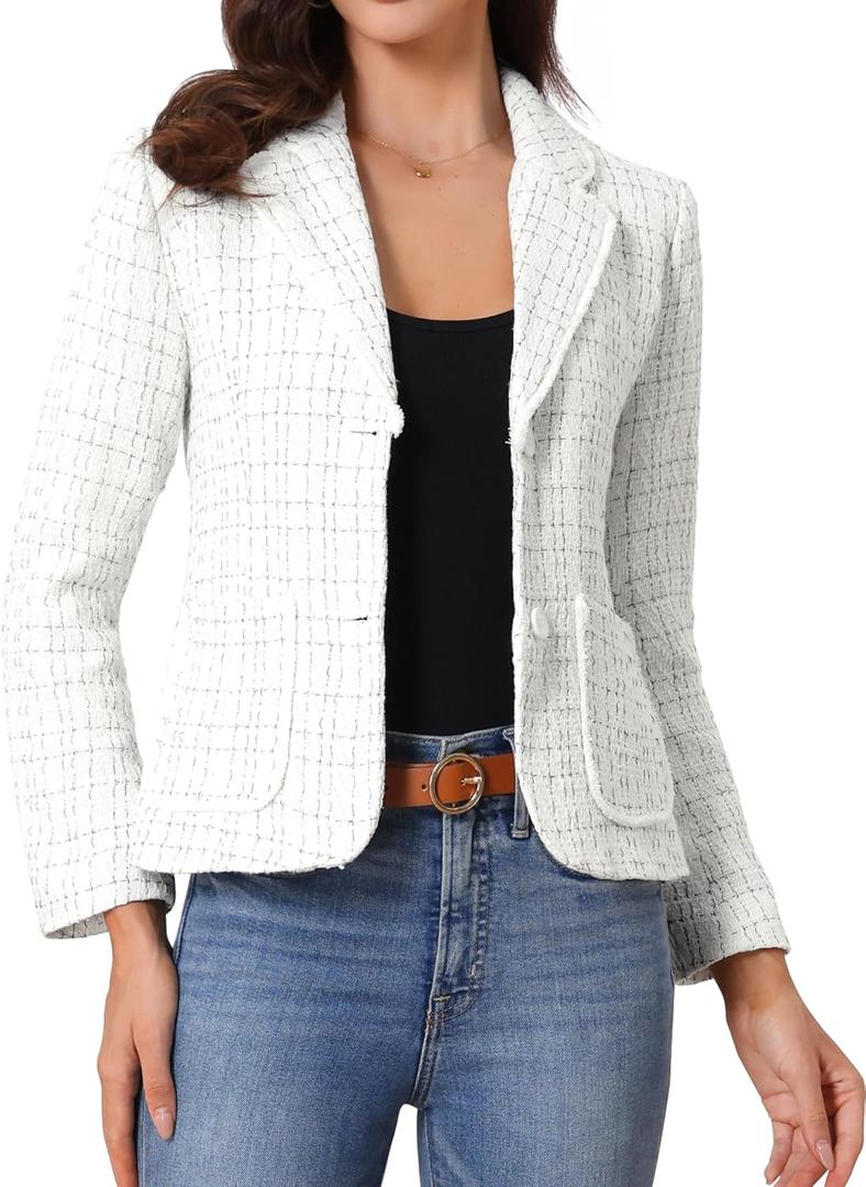 Allegra K Tweed Blazer for Women's Notch Lapel Long Sleeve 2025 Fall Elegant Business Casual Jacket (White, S)