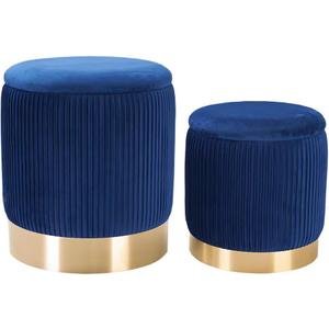 Blue Round Ottoman with Storage Set of 2 Upholstered Velvet Vanity Stool for Living Room Storage Ottomans Multifunctional Foot Rest