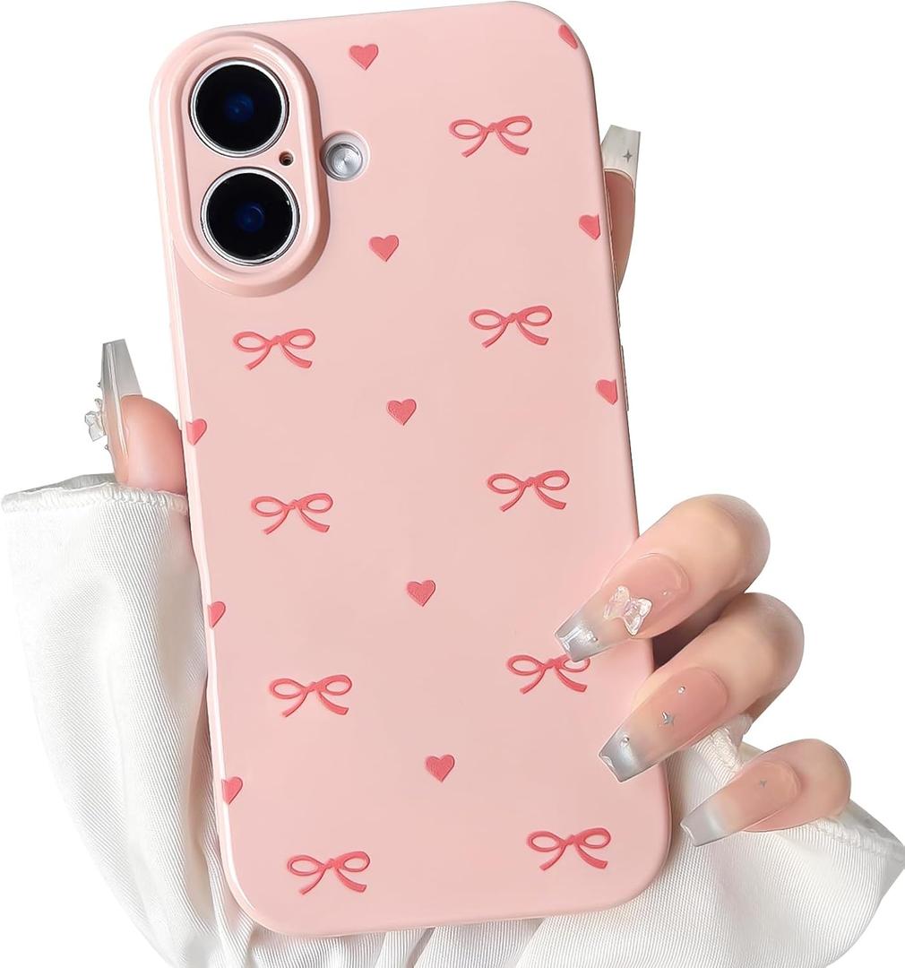 NITITOP Compatible for iPhone 17 Case Cute Aesthetic Love Hearts Bow Knot Pattern for Women Girl Bowknot Slim Fit TPU Bumper Shockproof Full Camera Protection Cover - Pink