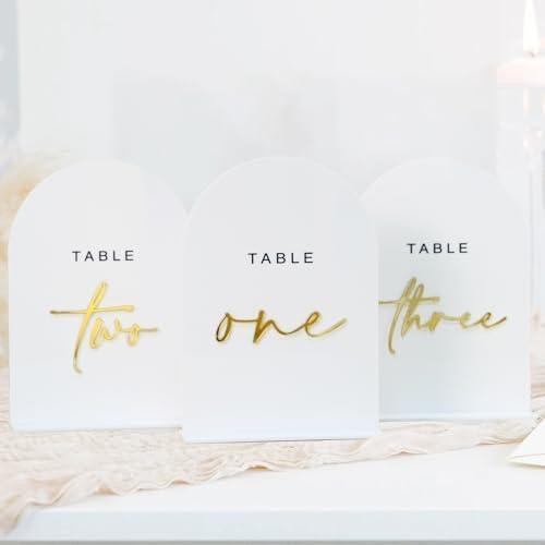 White Arched Wedding Table Numbers 1-10 with Stands, 5x7 Inch White Acrylic Arch Sign with Gold Numbers, Acrylic Table Numbers for Wedding Reception