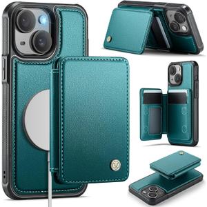 Compatible with Magsafe for iPhone 14 Wallet Case Magnetic Card Holder, RFID Blocking 2 in 1 Detachable Kickstand Shockproof Case for Women Men, Bluish Green