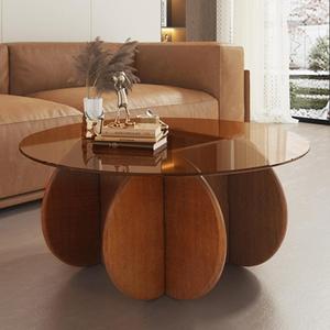 Modern Round Coffee Table with Solid Wood Legs, 31.5'' Glass Coffee Tables for Living Room Rustic Circle Center Cocktail Table with Tempered Glass-Top, Unique Accent Table for Small Spaces (Walnut + Brown) Modern Round Coffee Table with Solid Wood Legs, 31.5'' Glass Coffee Tables for Living Room Rustic Circle Center Cocktail Table with Tempered Glass-Top, Unique Accent Table for Small Spaces (Walnut + Brown)