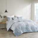 N Natori Brush Stroke Reversible Comforter Set - Abstract Styling, Embossed Seersucker Design, Cozy Oversized & Overfilled Bedding, Matching Shams, Decorative Pillow, Full/Queen(92"x96"), Blue 4 Piece