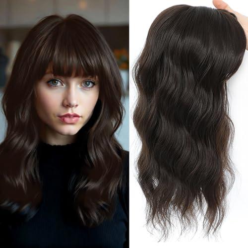 HAITOO Hair Toppers for Women, 18 Inch Toppers Hair Pieces for Women with Thinning Hair Wispy Clip in Bangs 360° 3D Big Coverage Base Curly Wavy (Soft Brown, 18Inch Wispy bangs)