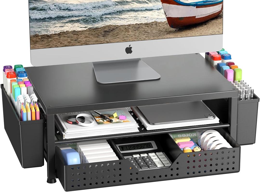 Monitor Stand Riser, Laptop Stand for Desk, Office Desk Organizer and Accessories, Computer Desktop Shelf with Drawer and Pen Holder, Printer Stand for Home, Office, Dorm (Black)