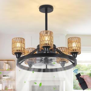 Ceiling Fans with Lights and Remote, Dimmable Low Profile Ceiling Fan with Light, Boho Farmhouse Ceiling Fans with Rattan Shade, 6 Speed Chandelier Ceiling Fan for Bedroom Living Room Kitchen