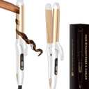 Dual Voltage Curling Iron Travel 2 in 1 Curl and Straightener (110V-240V) 1.25 Inch Normal Size Hair Curle Ceramic with EU/ UK Plug Adapter Curling Wand Adjustable Temperature Anti-Tangle (Off-White)