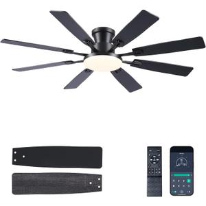 JSAITEE 60Inch Ceiling Fan with Lights and Remotes, Large Low Profile Flush Mount Ceiling Fans,DC Reversible Motor, 3CCT Dimmable,Noiseless,Dual Finish, Black 6 Speeds Ceiling Fan for Indoor/Outdoor