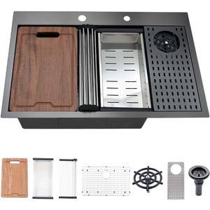 Black Kitchen Sink with Cup Washer-Hovheir 31x20 Black Stainless Steel Drop In Kitchen Sink Workstation 16 Gauge Deep Single Bowl Top Mount Sinks with Grass Rinser, Cutting Board, 31"x20"x10"
