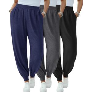 3 Pack Women's Plus Size Yoga Joggers Lounge High Waisted Pants Comfy Loose Workout Sweatpants with Pockets (4X-Large, Black, Dark Gray, Dark Blue)
