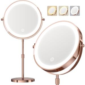 Makeup Mirror with Lights, 5000 mAh Rechargeable Double Sided Magnifying Vanity Mirror with 3 Colors, 1x/20x, 360 Rotation , Brightness Adjustable Magnification Lighted Makeup Mirror, Women Gift (Rose Gold)
