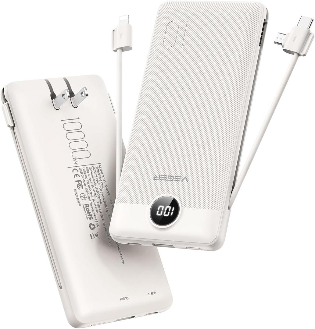 VEGER Portable Charger with Built-in AC Plug and Cables, All in One 10000mAh Ultra Slim Power Bank Travel Essentials, 15W Fast Charging Battery Pack Compatible with iPhone, Samsung, Android (Coffee)