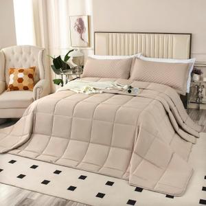 Oversized California King Comforter Set 120x120, Extra Large King Size Quilts 3 Pieces Lightweight Reversible Down Alternative Comforter for All Season with 8 Corner Tabs Beige