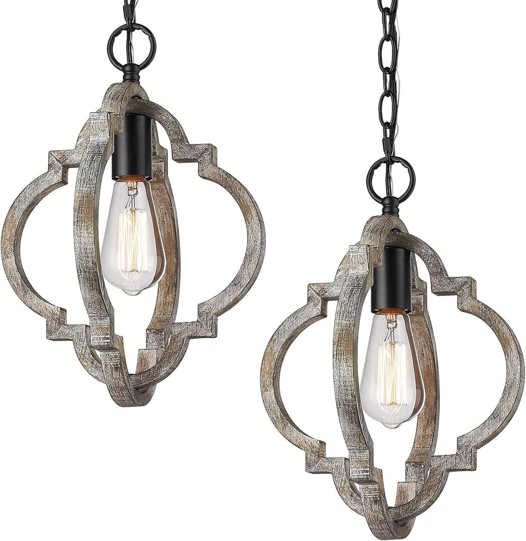 Farmhouse Pendant Lights, 2Pack Wood Dining Room Lighting Fixtures, Adjustable Height Hanging Pendant Lights for Foyer, Kitchen Island, Entryway