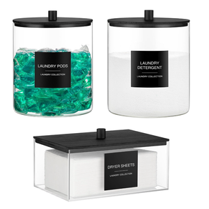 Glass Jars and Acrylic Dryer Sheet Holder, Laundry Pods Container with Bamboo Lid and 27 Labels, Powder Detergent Containers for Laundry Room Organization, Storage Jars Set (3 Pack)
