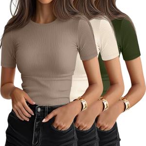 Ficerd 3 Pack Women's Ribbed T-Shirts, Cotton Short Sleeve Basic Tees Crewneck Fitted Tops Casual Shirts 2026 Summer Trendy (Large, Army Green, Light Beige, Light Khaki)