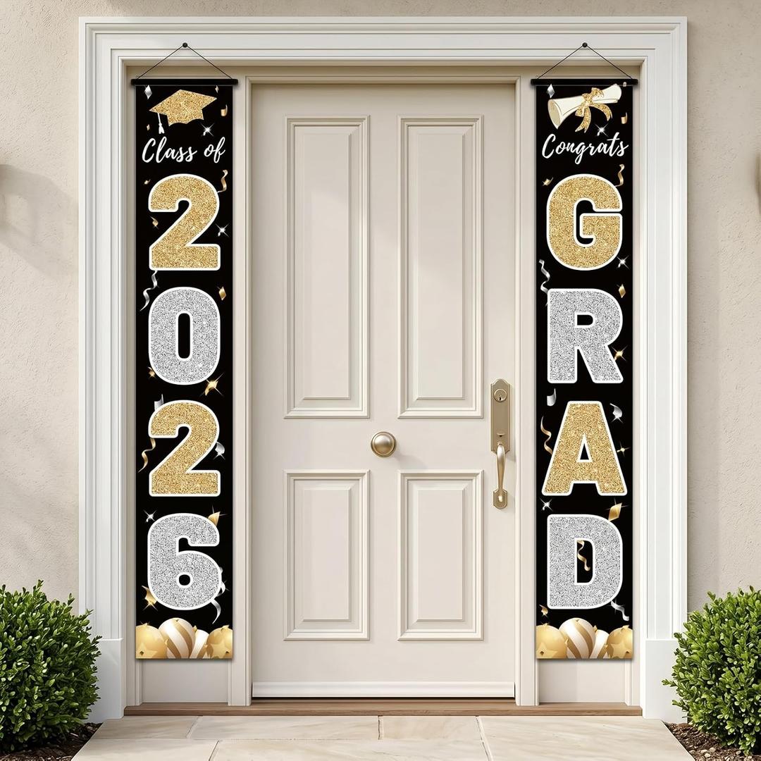 2 x 2026 Graduation Banner Congrats Grad Black - Class of 2026 Porch Sign for Party, Porch Banner Outdoor Graduation Decorations
