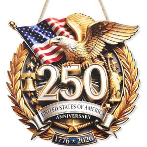 US 250th Anniversary Double Layer Wooden Door Sign, 1776-2026 Door Wreath Patriotic Independence Day, 250 Years of Freedom Large Wall Decor, Anniversary Hanging Sign for Porch Outdoor 12 x 12 Inch