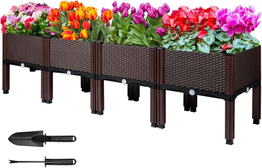 MAYOLIAH Raised Garden Bed with Drainage Elevated Planter Box Plastic Raised Beds for Gardening Vegetables Herb Flowers, Perfect for Indoor Outdoor Planting, 4 Boxes Brown
