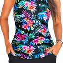 Tankini Swimsuits with Shorts - Two Piece Tummy Control Bathing Suits High Neck Swimwear with Two Side Pockets (Large, Multi Floral)