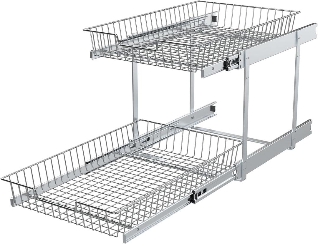 2 Tier Individual Pull Out Cabinet Organizer 11"W x 21" D, Pull Out Shelves Slide Out Kitchen Storage Sliding Shelvesfor Organization in Kitchen, Chrome