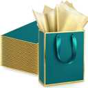 Yeaqee 24 Pack Metallic Paper Gift Bags with Handle and Tissue 9x7x3.1 Gold Foil Welcome Favor Bags Return Gifts for Wedding Fall 5 Senses Valentine Bridesmaid Birthday(Turquoise, Gold)