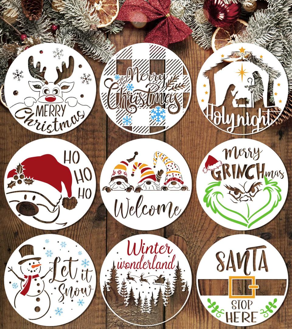 Yhliua Christmas Stencils for Painting on Wood Reusable, Large Round Merry Christmas Stencils for Crafts Holiday Stencils for Wood Board Sign Door Hanger Wall Wreaths (Ha 9 Christmas1), white