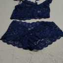 Lilosy Sexy Sheer Floral Lace Pajamas Lingerie Set High Waist Sleepwear Bra and Panty 2 Piece Nightwear (Large, Dark Blue)