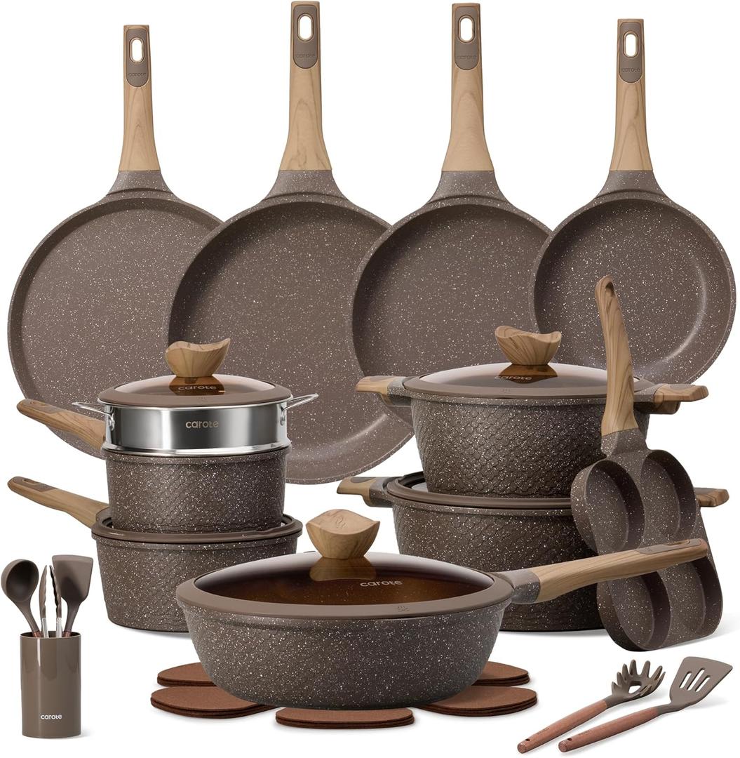 CAROTE 31pcs Pots and Pans Set, Nonstick Cookware Sets with Crepe Pan | Induction Cooking Set, Easy Clean, Even Heating, Advanced Textured Finish, Fit All Stovetops, with Frying Pans Set & Egg Pan, 31 Piece