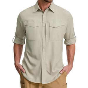 mixtiq Men's Sun Protection Safari Shirts Long Sleeve UPF 50 UV Quick Dry Travel Hiking Fishing Shirts with Zipper, L