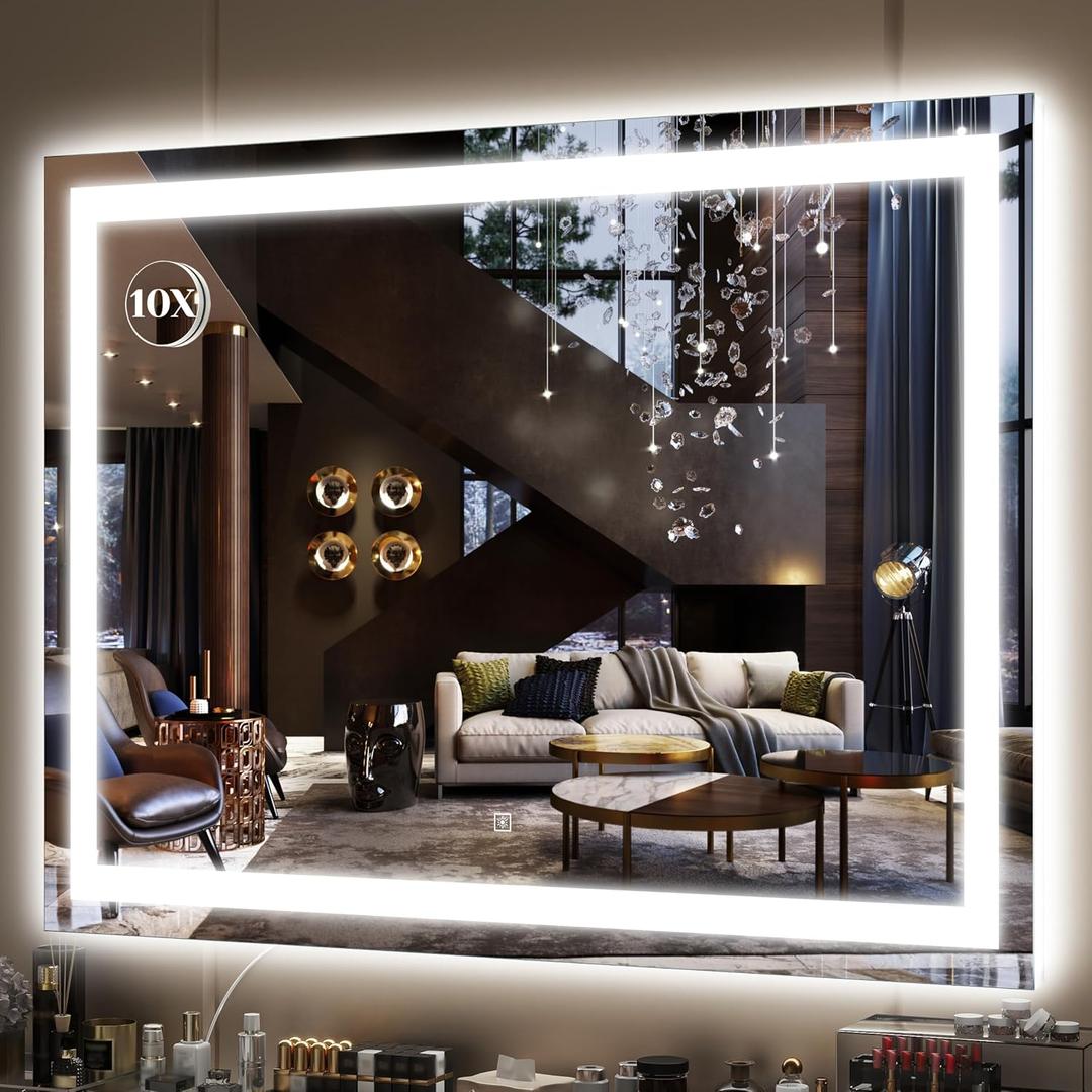 FENNIO Large Vanity Mirror with Lights38" x 28" LED Makeup MirrorHollywood Mirror with 3 Color Modes & Adjustable BrightnessVanity Mirror Square White