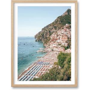 HesenDot Natural OAK Wood Framed Italian Positano Beach Wall Art,12x16in Amalfi Coast Canvas Wall Print,Summer Coastal Landscape Poster Wall Decor for Living Room,Bedroom,Office Gallery Set of 1
